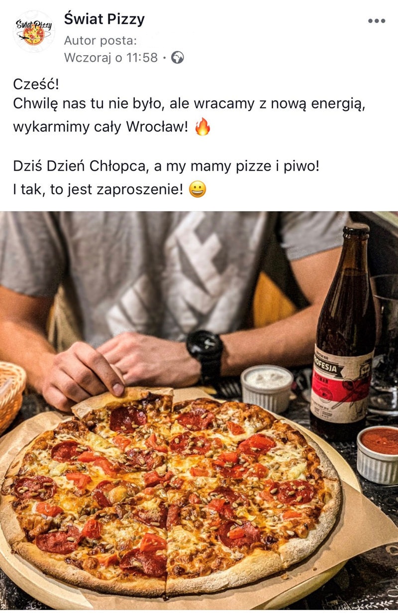 Post na Facebooku dla Pizzerii z okazji dnia Chłopaka