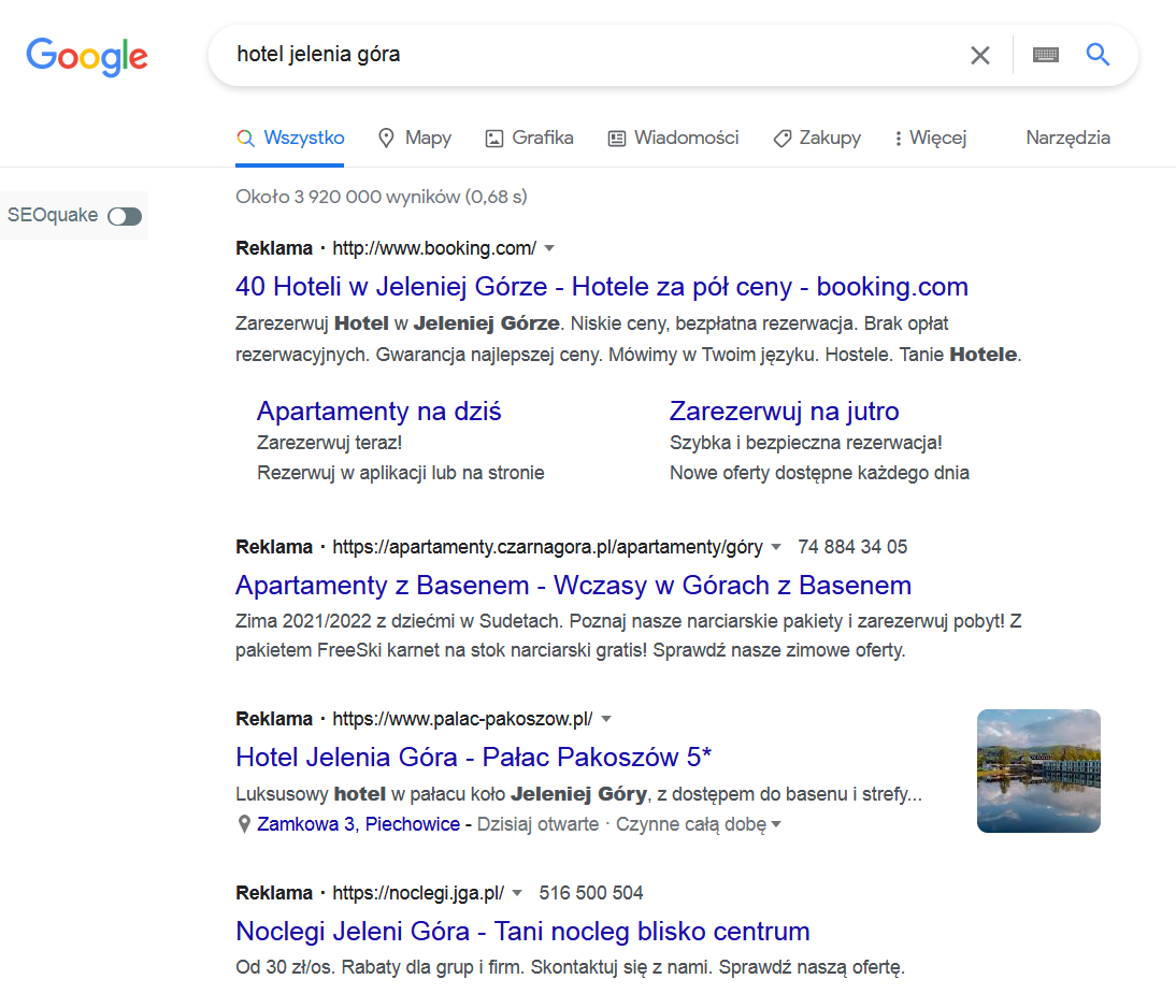 Reklama Google Ads dla zapytania hotel Jelenia Góra.
