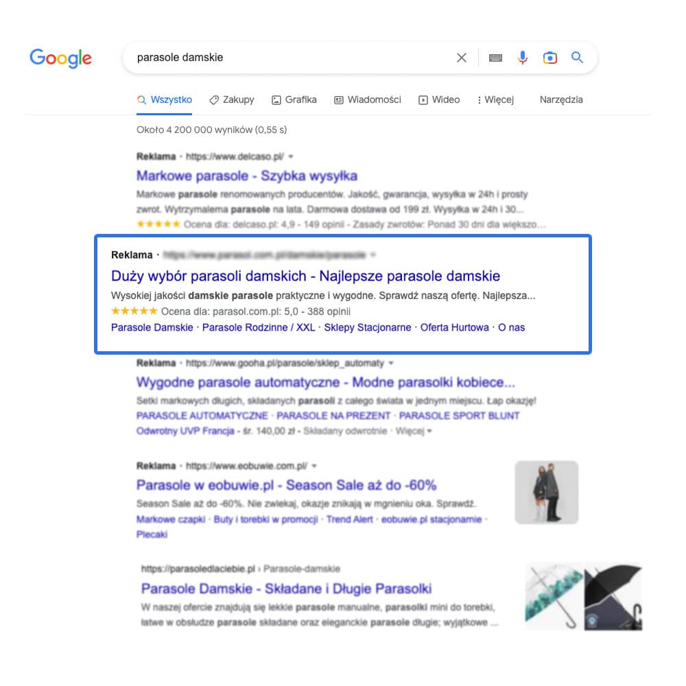 Wyniki wyszukiwania Google Ads
